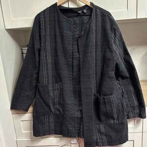 Eileen Fisher Womens Jacket Size L Black Striped Open Front Pockets Lagenlook